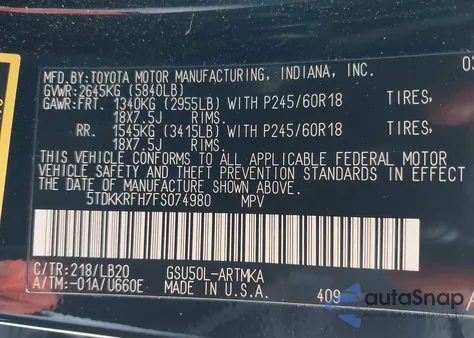 2015 Toyota Highlander Xle V6 from USA, damaged, VIN 5TDKKRFH7FS074980